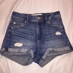 garage dark wash stretch jean shorts w/distressing